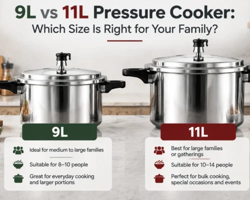 9L vs 11L pressure cooker size comparison showing the right cooker capacity for medium and large families.
