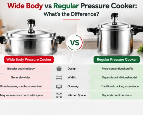 Wide body vs regular pressure cooker comparison showing design, width, opening, and kitchen space differences.