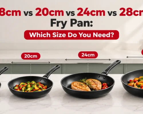 Four black non-stick frying pans in 18cm, 20cm, 24cm and 28cm sizes displayed side by side with different foods in a modern kitchen.
