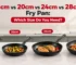 Four black non-stick frying pans in 18cm, 20cm, 24cm and 28cm sizes displayed side by side with different foods in a modern kitchen.