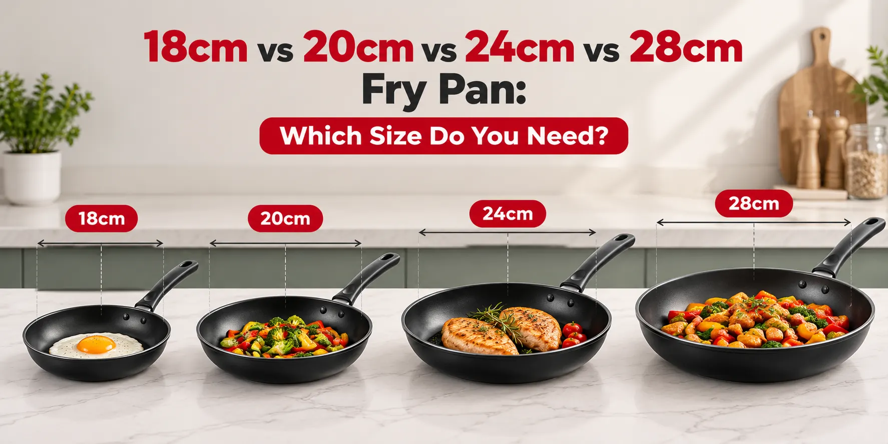 Four black non-stick frying pans in 18cm, 20cm, 24cm and 28cm sizes displayed side by side with different foods in a modern kitchen.