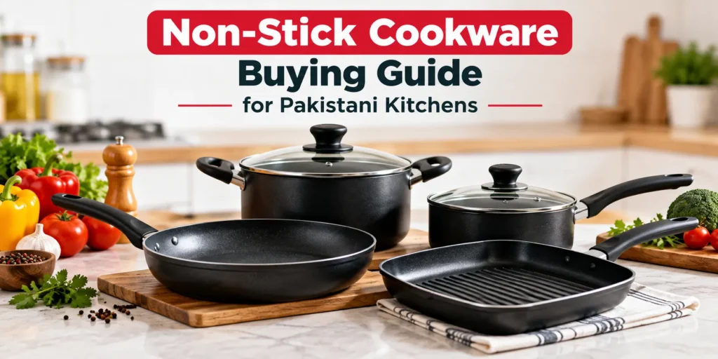 Non-stick cookware buying guide featuring a selection of black non-stick pots, frying pans and a grill pan in a modern kitchen.