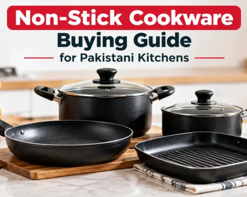 Non-stick cookware buying guide featuring a selection of black non-stick pots, frying pans and a grill pan in a modern kitchen.