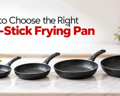Non-stick frying pans in different sizes displayed on a modern kitchen countertop.