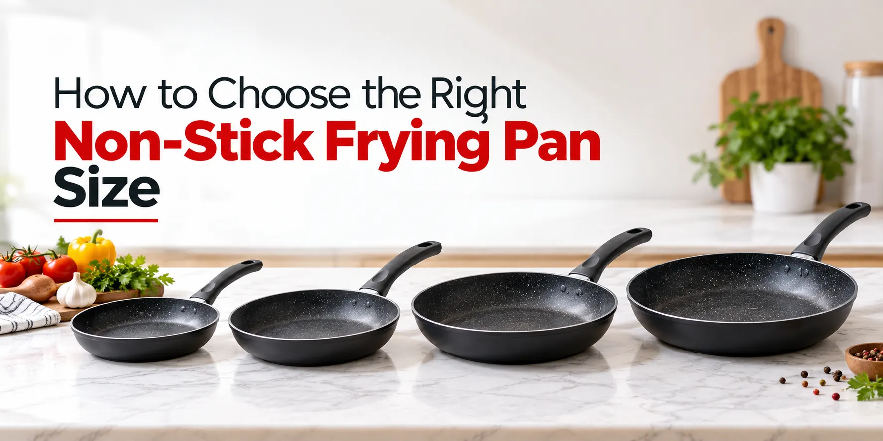 Non-stick frying pans in different sizes displayed on a modern kitchen countertop.
